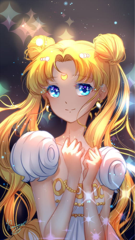 1girl bangs bishoujo_senshi_sailor_moon blonde_hair blue_eyes bracelet closed_mouth crescent double_bun earrings facial_mark forehead_mark hair_ornament hairpin jewelry kaminary long_hair looking_at_viewer parted_bangs princess_serenity signature smile solo tsukino_usagi twintails upper_body