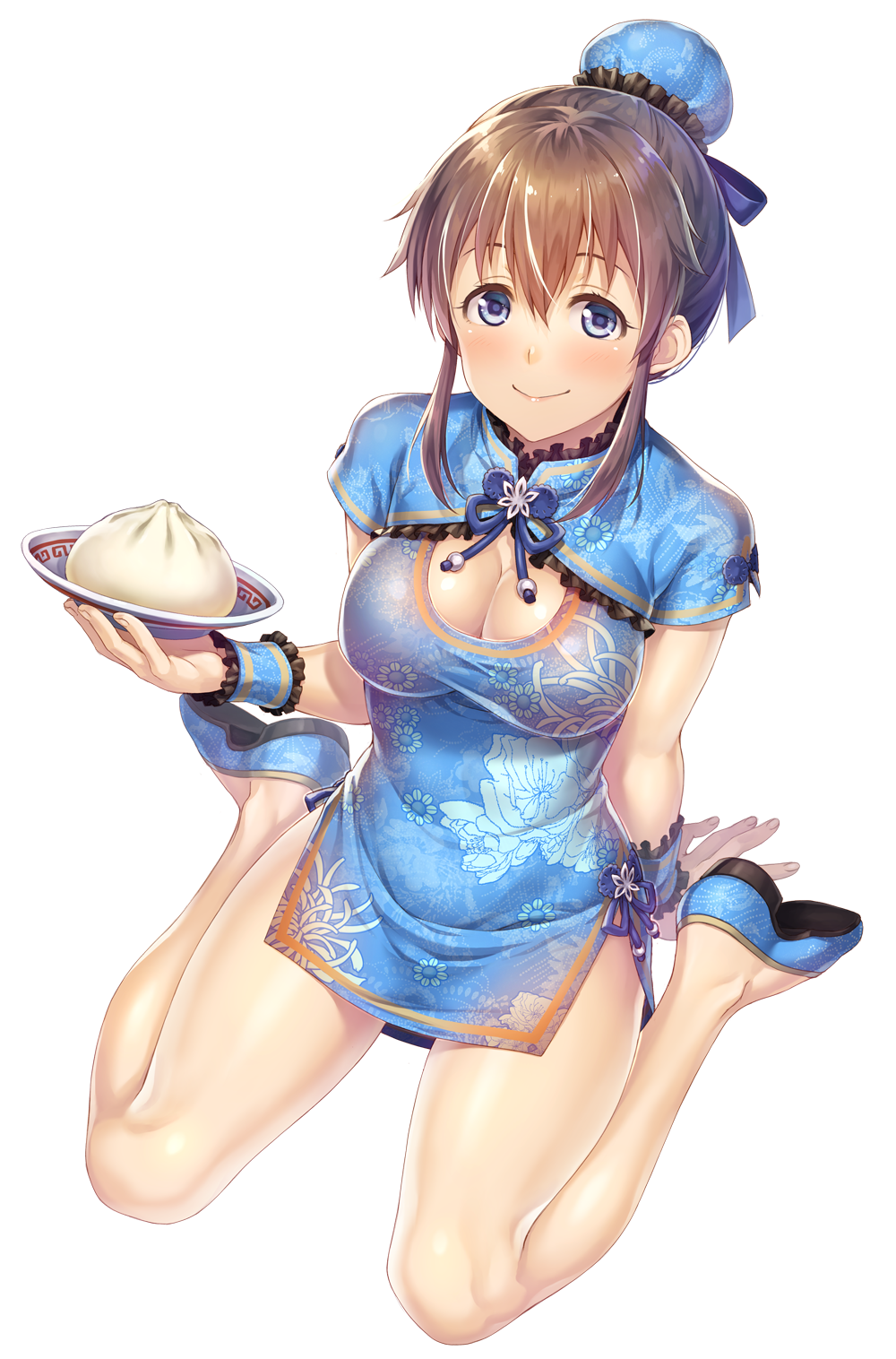 1girl arm_support bare_legs blue_dress blue_eyes breasts brown_hair china_dress chinese_clothes cleavage closed_mouth dress dumpling floral_print folded_leg food hair_between_eyes hair_bun highres idolmaster idolmaster_million_live! large_breasts looking_at_viewer nanaran satake_minako short_dress short_hair short_sleeves side_slit sitting slippers smile solo transparent_background wariza wrist_cuffs