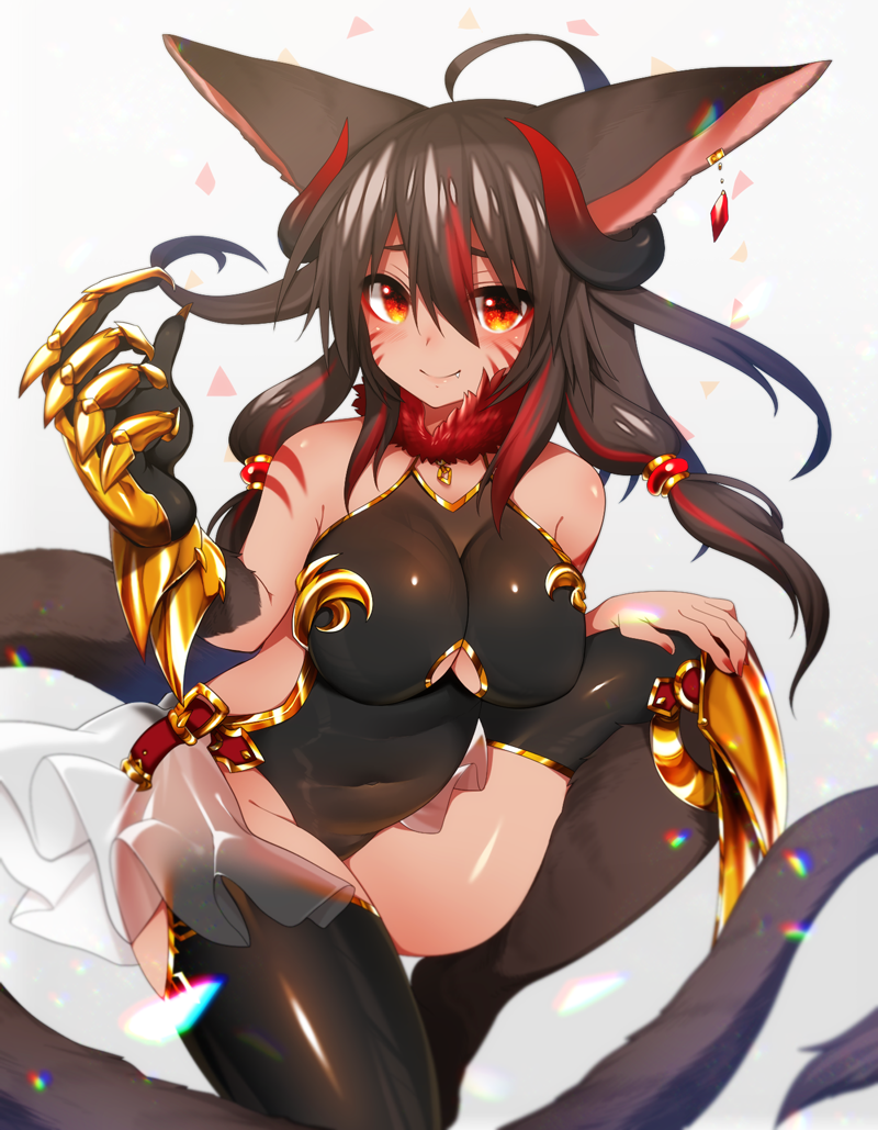 1girl ahoge animal_ears black_hair black_legwear blush breasts cleavage fang large_breasts looking_at_viewer mofuaki multicolored_hair open_mouth original red_eyes redhead smile solo thigh-highs two-tone_hair