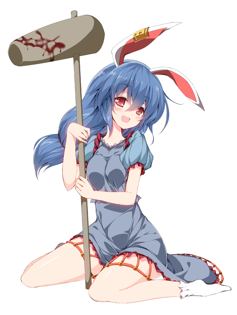 1girl ambiguous_red_liquid animal_ears blood bloody_weapon blue_dress blue_hair breasts dress ear_clip eyebrows_visible_through_hair full_body hair_between_eyes kine long_hair looking_at_viewer mallet medium_breasts open_mouth puffy_short_sleeves puffy_sleeves rabbit_ears red_eyes sakurame seiran_(touhou) short_dress short_sleeves simple_background sitting smile socks solo touhou wariza weapon white_background white_legwear