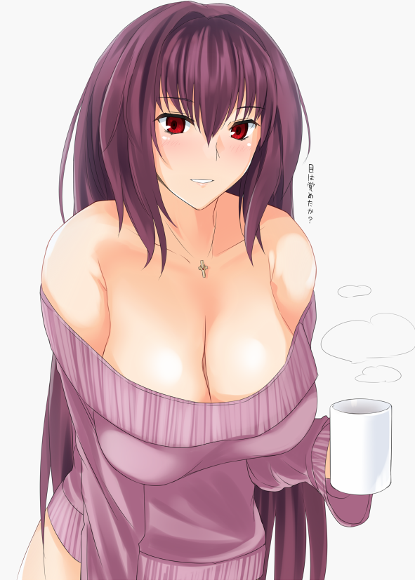 1girl bangs bare_shoulders blush breasts cleavage coffee_mug collarbone commentary_request cross cross_necklace cup eyebrows_visible_through_hair fate/grand_order fate_(series) hair_between_eyes hair_intakes holding holding_cup jewelry large_breasts long_hair looking_at_viewer necklace off-shoulder_sweater off_shoulder parted_lips purple_hair purple_sweater red_eyes scathach_(fate/grand_order) schizanthus_(artist) simple_background smile solo steam sweater translation_request