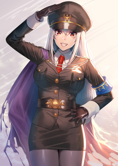 1girl black_gloves black_hat black_legwear blush breasts eyebrows_visible_through_hair gloves hat large_breasts looking_at_viewer military_uniform mole mole_under_eye necktie ogino_(oginogino) original pantyhose parted_lips red_eyes red_necktie smile solo teeth