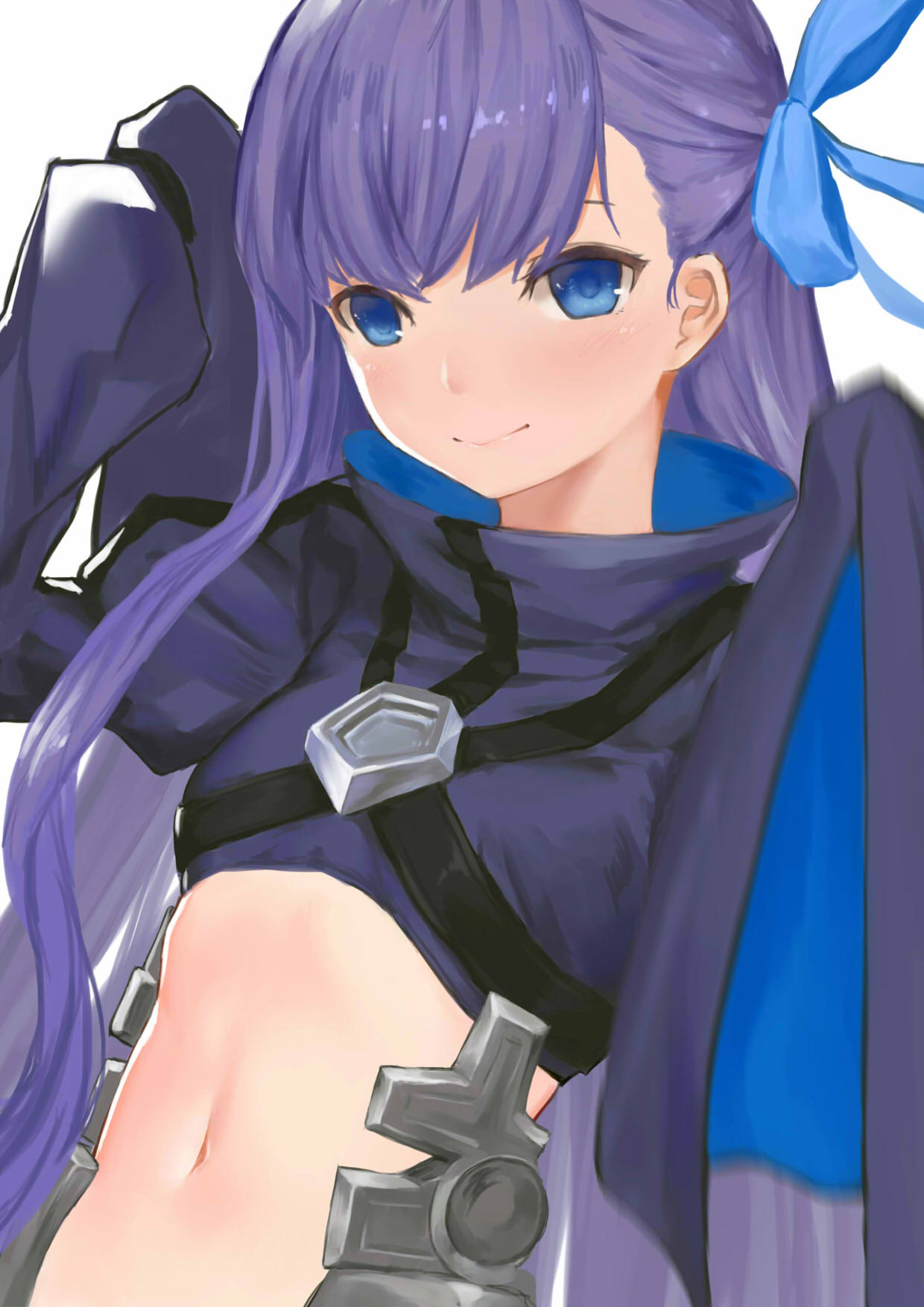 1girl asymmetrical_bangs asymmetrical_hair bangs blue_eyes blue_ribbon blush breasts closed_mouth commentary fate/extra fate/extra_ccc fate_(series) hair_ribbon hands_up highres juliet_sleeves long_hair long_sleeves looking_at_viewer meltlilith navel puffy_sleeves purple_hair ribbon shou_xun_bu_liang small_breasts smile solo upper_body