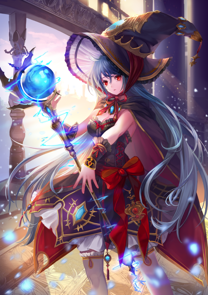 1girl black_hat blue_hair blush breasts cape cleavage hat holding holding_staff large_breasts long_hair looking_at_viewer original parted_lips red_eyes shente_(sharkpunk) solo staff thigh-highs white_legwear witch