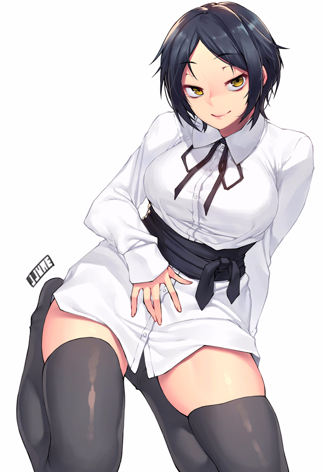 1girl arm_support artist_name black_hair black_legwear breasts collared_shirt dress_shirt from_above jitome jjune kneeling large_breasts looking_to_the_side original rumi_morimiya shirt short_hair simple_background sitting skindentation smile taut_clothes taut_shirt thigh-highs tsurime tsurime_eyes white_background white_shirt yellow_eyes