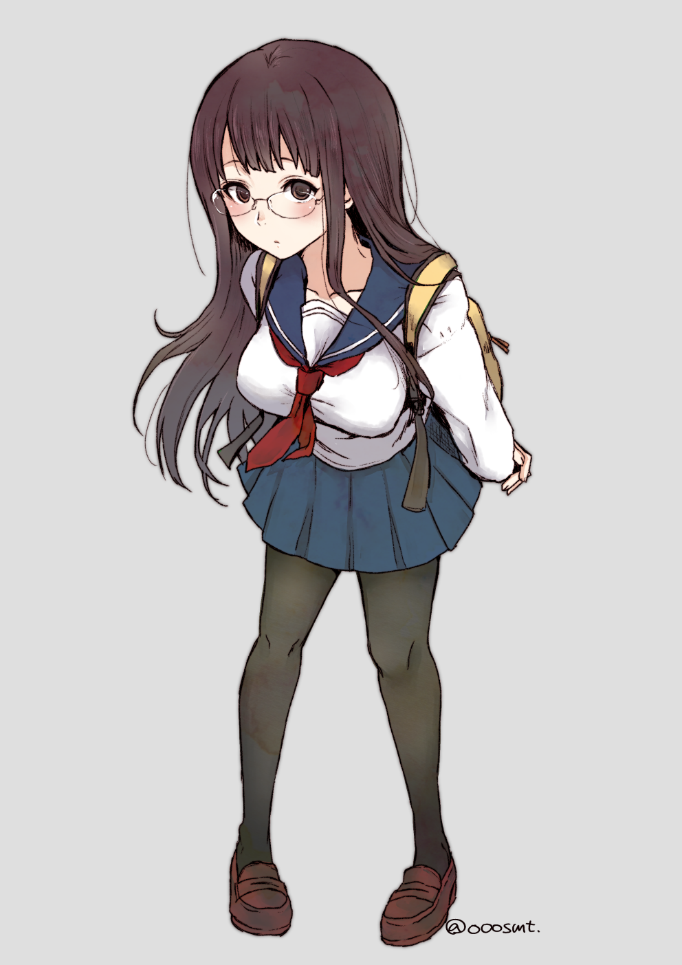 1girl black_legwear blue_skirt breasts brown_eyes brown_hair collarbone glasses highres large_breasts long_hair neckerchief original osomatsu_(nanameno) pantyhose red_neckerchief school_uniform serafuku skirt solo twitter_username