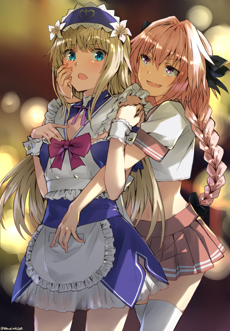 2boys androgynous blonde_hair blue_eyes blush braid fang fate/apocrypha fate/grand_order fate_(series) hair_ribbon le_chevalier_d'eon_(fate/grand_order) long_hair maid maid_headdress navel open_mouth pantyhose pink_hair ribbon rider_of_black single_braid smile somechime_(sometime1209) thigh-highs trap violet_eyes
