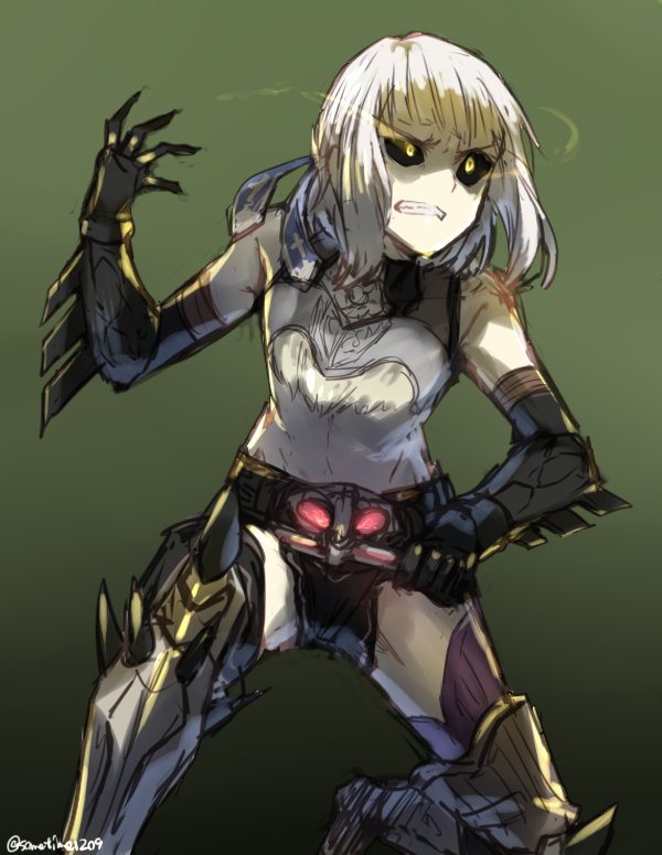 1girl black_sclera clenched_teeth fate/grand_order fate_(series) gauntlets kamen_rider kamen_rider_amazon_omega kamen_rider_amazons penthesilea_(fate/grand_order) rider_belt solo somechime_(sometime1209) teeth twitter_username white_hair yellow_eyes