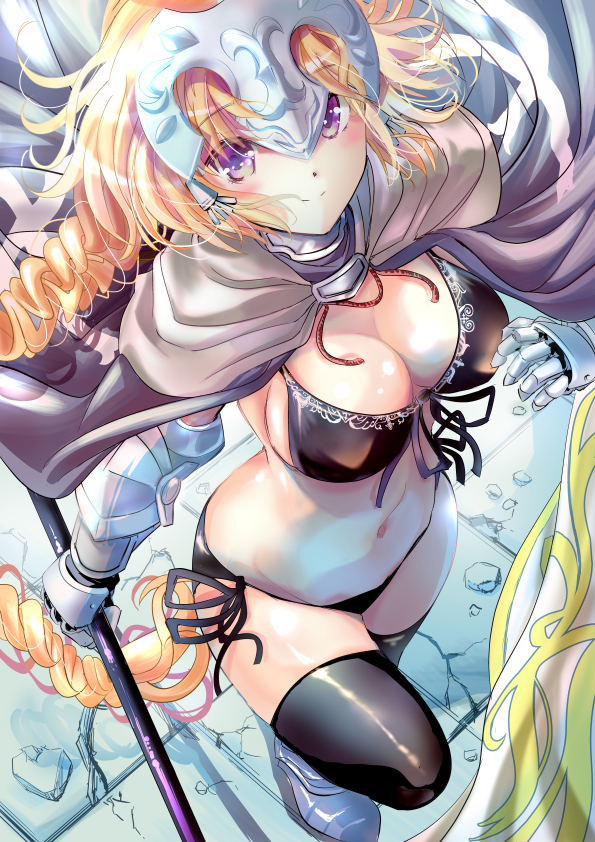 1girl armor bikini black_bikini black_legwear blonde_hair breasts cape cleavage drill_hair fate/apocrypha fate_(series) from_above front-tie_bikini front-tie_top gauntlets headpiece holding_spear large_breasts long_hair looking_at_viewer navel ogata_tei polearm ruler_(fate/apocrypha) side-tie_bikini smile solo spear swimsuit thigh-highs very_long_hair violet_eyes weapon