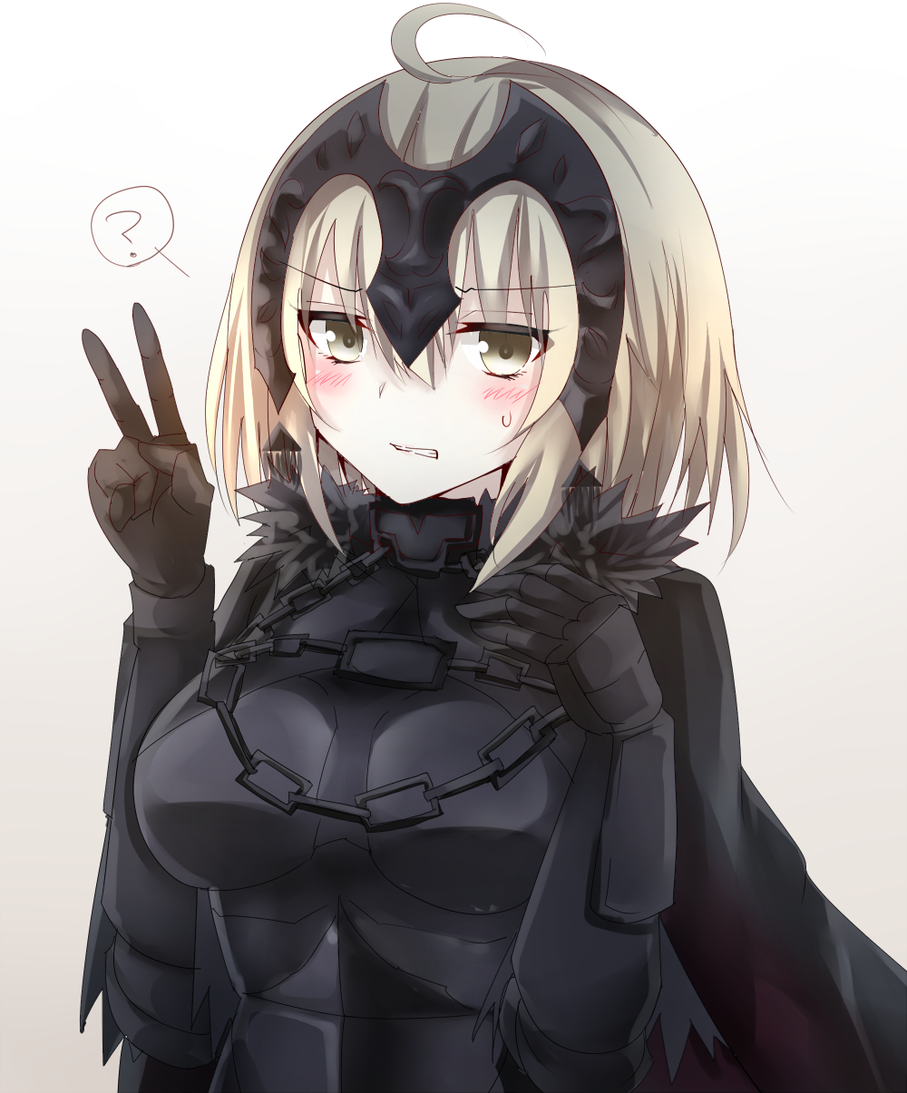 &gt;:( 1girl ? ahoge armor armored_dress bangs blonde_hair blush breasts cape clenched_teeth fate/grand_order fate_(series) fur_trim gauntlets headpiece highres jeanne_alter looking_at_viewer medium_breasts platinum_blonde ruler_(fate/apocrypha) solo spoken_question_mark teeth upper_body v yellow_eyes yuki_(snowmaiden)