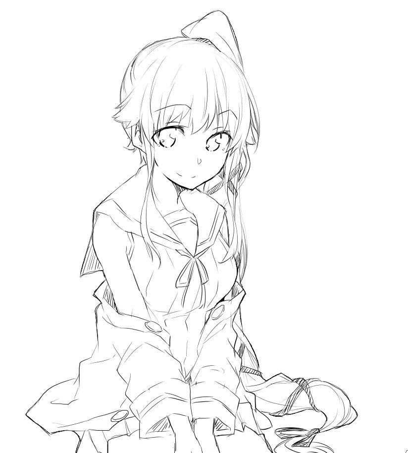 10s 1girl bare_shoulders buttons ear_visible_through_hair eyebrows_visible_through_hair greyscale hair_between_eyes hair_flaps hair_over_shoulder hair_ribbon jacket kantai_collection kodera_ju long_hair long_sleeves looking_at_viewer monochrome neck_ribbon remodel_(kantai_collection) ribbon sailor_collar side_ponytail sidelocks sitting sleeveless smile solo very_long_hair yura_(kantai_collection)