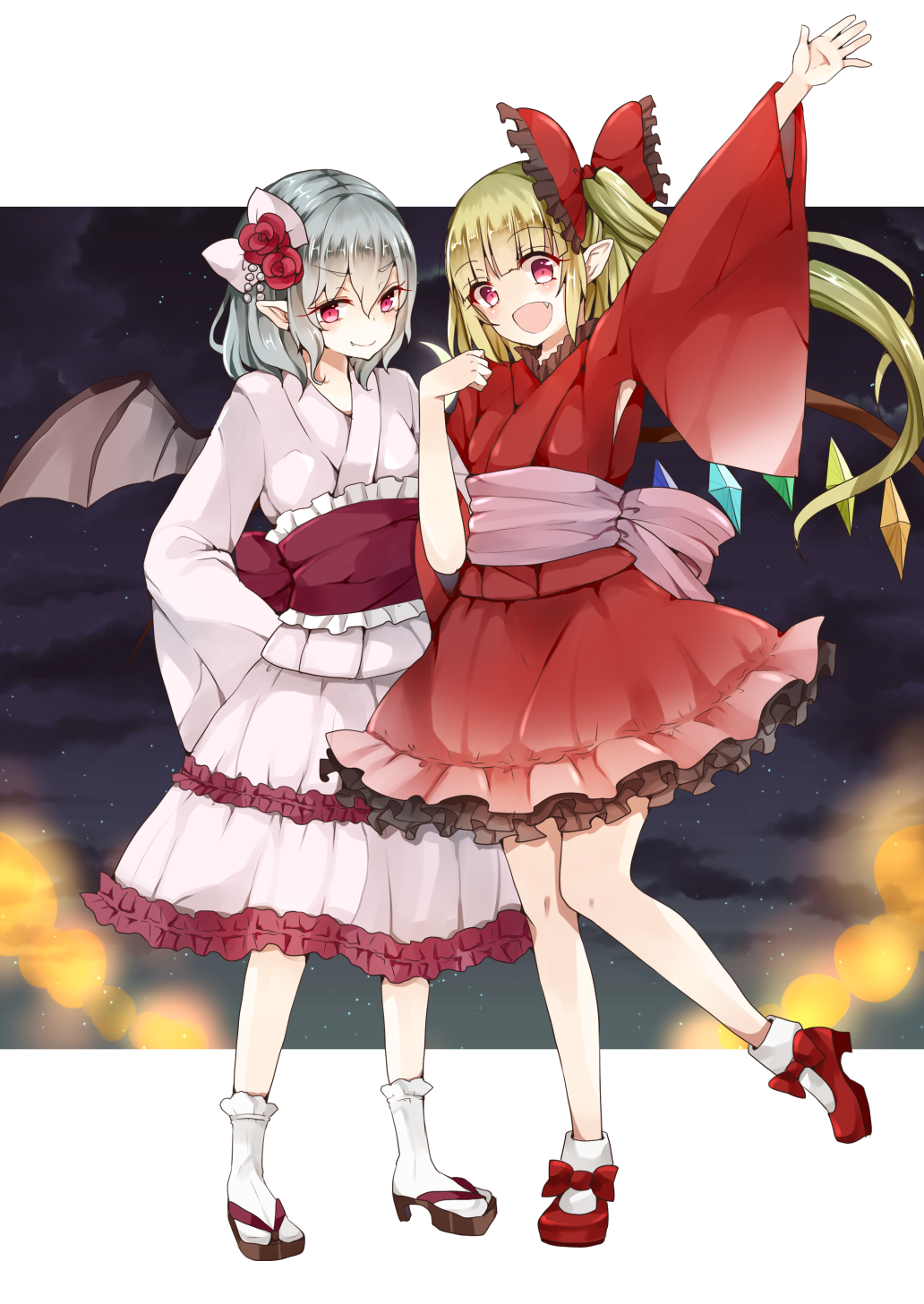 2girls alternate_costume bangs bat_wings blonde_hair blunt_bangs bow closed_mouth commentary_request fang fang_out flandre_scarlet flower hair_bow hair_flower hair_ornament high_heels highres japanese_clothes kimono long_hair long_sleeves looking_at_viewer mimoto_(aszxdfcv) multiple_girls open_mouth pink_kimono pointy_ears red_bow red_eyes red_kimono red_rose red_shoes remilia_scarlet rose sandals sash shoes silver_hair smile socks standing standing_on_one_leg touhou white_legwear wide_sleeves wings yukata