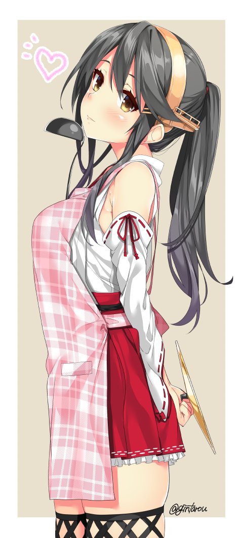 10s 1girl alternate_hairstyle apron bare_shoulders blush brown_eyes detached_sleeves from_side gintarou_(kurousagi108) grey_background grey_hair hakama hakama_skirt haruna_(kantai_collection) headgear heart japanese_clothes kantai_collection ladle lid lips long_hair long_sleeves looking_at_viewer nontraditional_miko outside_border pink_apron ponytail red_hakama remodel_(kantai_collection) ribbon-trimmed_sleeves ribbon_trim simple_background smile solo standing thigh-highs twitter_username upper_body white_border wide_sleeves