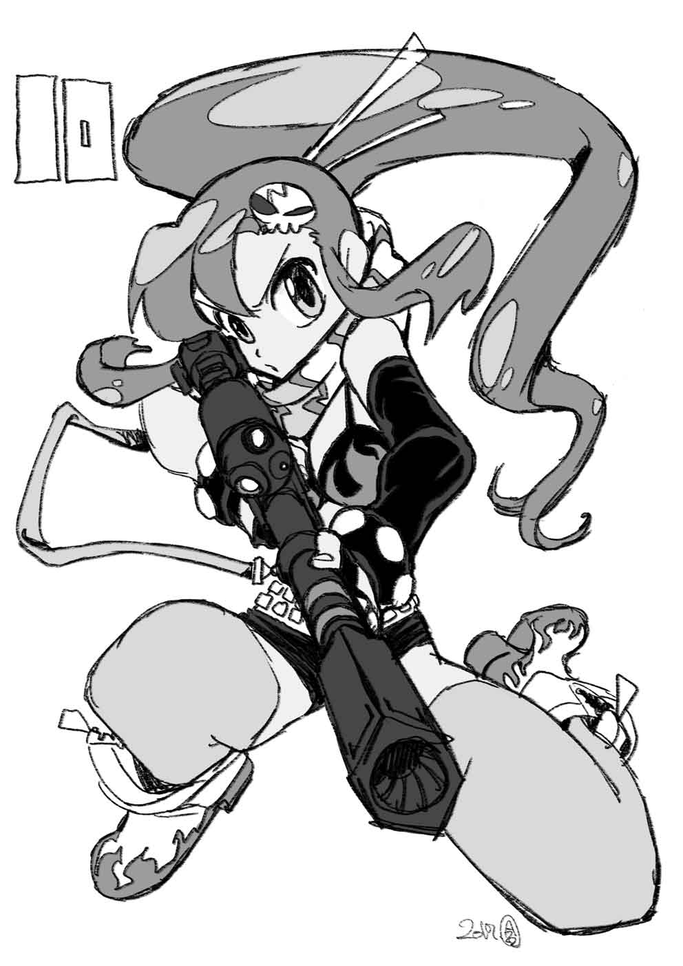 1girl anti-materiel_rifle bikini_top boots flame_print greyscale gun hair_ornament highres imaishi_hiroyuki monochrome ponytail rifle scarf shorts simple_background skull_hair_ornament sniper_rifle solo studded_bracelet tengen_toppa_gurren_lagann weapon white_background yoko_littner