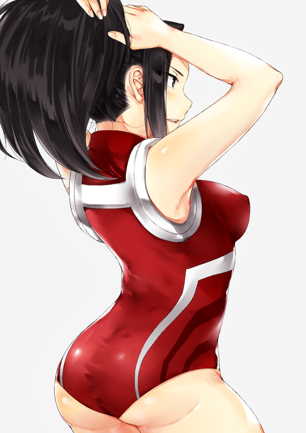 1girl adjusting_hair arms_up ass back bare_shoulders black_hair boku_no_hero_academia breasts erect_nipples erect_nipples_under_clothes from_behind from_side half-closed_eyes large_breasts leotard long_hair ponytail simple_background solo white_background yaoyorozu_momo