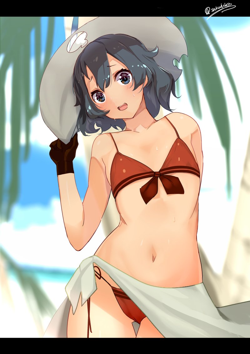 1girl :d adapted_costume bare_arms bare_shoulders beach bikini bikini_day black_eyes black_gloves black_hair blurry blush bucket_hat cowboy_shot day depth_of_field flat_chest front-tie_top gloves gluteal_fold hair_between_eyes hat kaban_(kemono_friends) kemono_friends letterboxed looking_at_viewer navel ocean open_mouth palm_tree red_bikini sakuhiko sarong short_hair smile solo stomach sweat swimsuit thighs torn_clothes torn_hat tree twitter_username wavy_hair white_hat