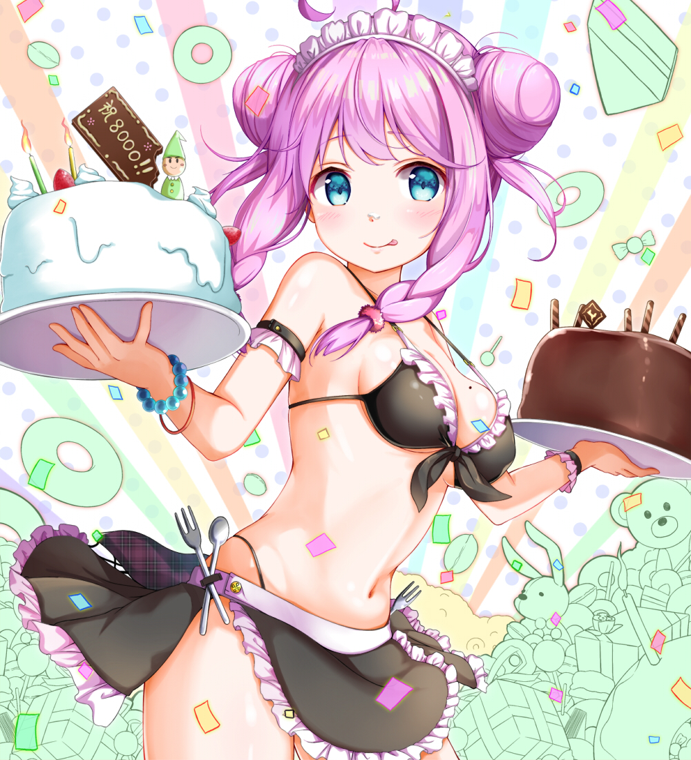 1girl blue_eyes blush bracelet breasts cake candle cleavage double_bun eyebrows_visible_through_hair food fork headdress holding holding_plate jewelry large_breasts looking_at_viewer maid_bikini maid_headdress na53 navel original pink_hair plate short_hair smile solo spoon tongue tongue_out