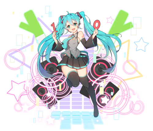 1girl black_legwear black_skirt blue_eyes blue_hair blue_necktie blush eyebrows_visible_through_hair hatsune_miku long_hair looking_at_viewer lowres necktie open_mouth skirt smile solo star thigh-highs tp_(kido_94) twintails vocaloid
