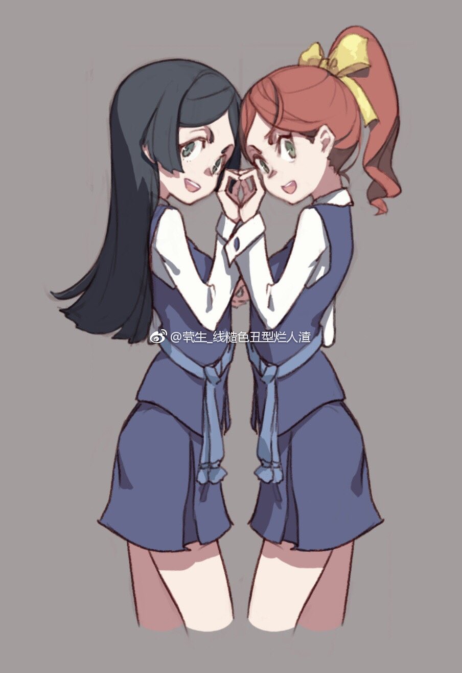 2girls barbara_(little_witch_academia) black_hair blush brown_hair commentary_request cowboy_shot green_eyes hanna_(little_witch_academia) heart heart_hands highres little_witch_academia looking_at_viewer multiple_girls ponytail qiongsheng school_uniform short_eyebrows smile symmetrical_hand_pose