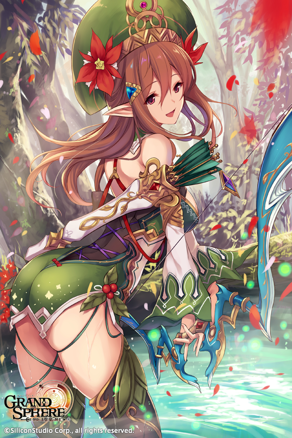 1girl :d arched_back arrow ass bangs berries black_boots boots bow_(weapon) brown_hair commentary_request company_name copyright_name day detached_sleeves dress eyebrows_visible_through_hair flower forest from_side fukai_ryousuke grand_sphere green_dress green_hat hair_between_eyes hair_ornament hat hat_flower holding holding_bow_(weapon) holding_weapon leaf log long_hair looking_at_viewer looking_to_the_side maple_leaf nature official_art open_mouth outdoors petals pink_eyes pointy_ears quiver red_flower ruby_(stone) short_dress skindentation smile solo standing thigh-highs thigh_boots tree water weapon wet wind
