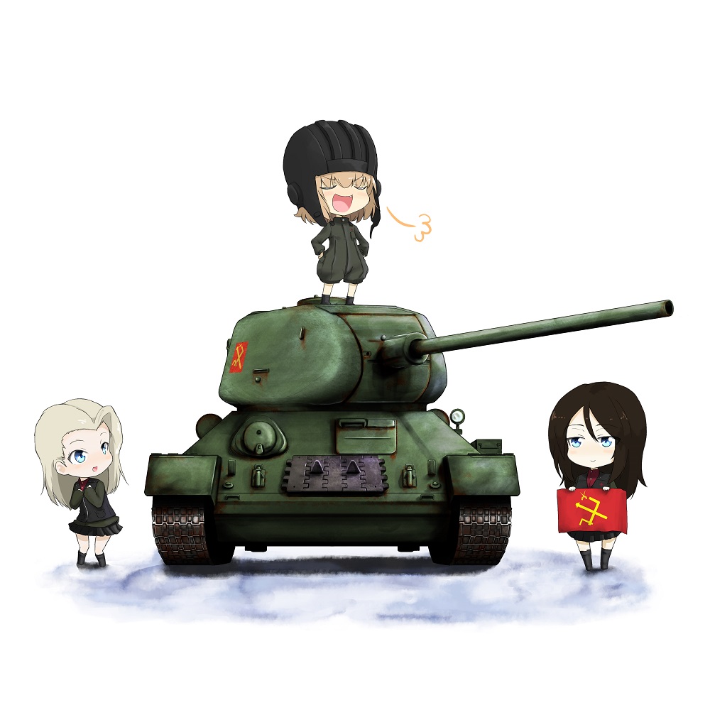 3girls black_hair blonde_hair blue_eyes chibi clara_(girls_und_panzer) emblem girls_und_panzer ground_vehicle jinguu_(4839ms) katyusha military military_vehicle motor_vehicle multiple_girls nonna pravda_(emblem) pravda_military_uniform t-34 tank white_background