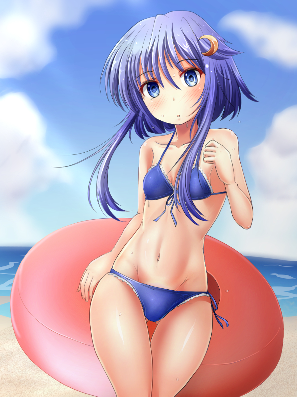 10s 1girl beach bikini blue_bikini blue_eyes blue_hair cowboy_shot crescent crescent_hair_ornament day flat_chest frilled_bikini frills front-tie_top gluteal_fold hair_ornament highres innertube kantai_collection looking_at_viewer outdoors short_hair short_hair_with_long_locks side-tie_bikini solo swimsuit yayoi_(kantai_collection) yayoi_kotoyuki