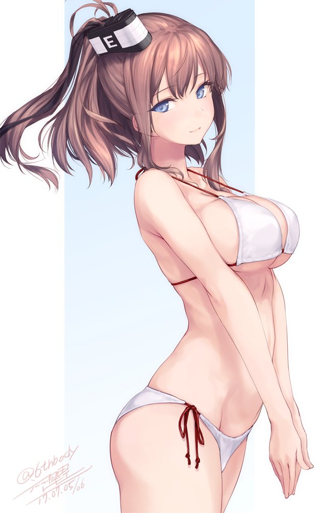 10s 1girl alternate_costume arched_back ass bare_arms bare_shoulders bikini blue_eyes bow breasts cleavage collarbone dated from_side hair_between_eyes hair_bow hands_together kantai_collection large_breasts long_hair looking_at_viewer navel rokuwata_tomoe saratoga_(kantai_collection) side-tie_bikini side_ponytail sideboob signature smile swimsuit thighs under_boob v_arms white_bikini