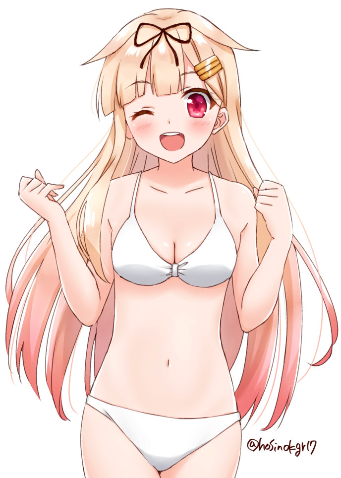 1girl ;d bikini black_ribbon blonde_hair blush breasts cleavage clenched_hands cowboy_shot eyebrows_visible_through_hair gradient_hair hair_flaps hair_ornament hair_ribbon hairclip hoshino_kagari kantai_collection long_hair medium_breasts midriff multicolored_hair navel one_eye_closed open_mouth red_eyes ribbon simple_background smile solo swimsuit twitter_username white_background white_bikini yuudachi_(kantai_collection)