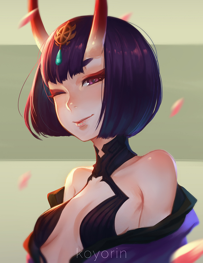 1girl bare_shoulders breasts fate/grand_order fate_(series) horns japanese_clothes kimono koyoriin looking_at_viewer off_shoulder one_eye_closed oni_horns purple_hair short_hair shuten_douji_(fate/grand_order) small_breasts smile solo upper_body violet_eyes