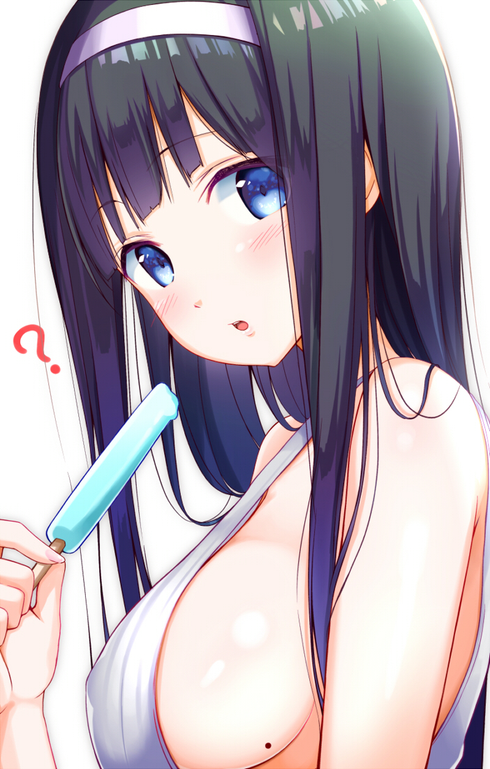 1girl ? black_hair blue_eyes blush breasts eyebrows_visible_through_hair food hairband ice_cream large_breasts long_hair looking_at_viewer mole mole_on_breast na53 original parted_lips popsicle sideboob solo tank_top upper_body white_background