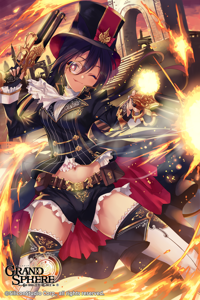1girl ;p ascot bangs belt_pouch black_gloves black_hair black_hat black_jacket black_shorts bow brown_belt company_name copyright_name dual_wielding evening eyebrows_visible_through_hair finger_on_trigger fingerless_gloves fire firing formal fukai_ryousuke gloves gradient_sky grand_sphere gun hair_between_eyes hat hat_bow head_tilt high_collar highres holding holding_gun holding_weapon jacket legs_apart long_hair long_sleeves looking_at_viewer monocle navel official_art one_eye_closed orange_sky outdoors purple_sky red_bow red_eyes shirt shorts skindentation sky smile solo stairs standing striped striped_jacket striped_shirt suit thigh-highs tongue tongue_out top_hat tower weapon white_legwear white_shirt
