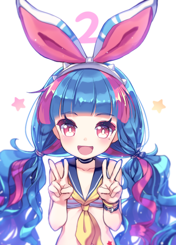 1girl blue_hair blush character_request double_v eyebrows_visible_through_hair hairband long_hair looking_at_viewer maplestory mechuragi mole mole_under_eye multicolored_hair neckerchief open_mouth pink_eyes pink_hair smile twintails upper_body v yellow_neckerchief
