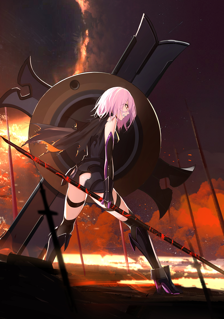 1girl angry ass cape clenched_teeth elbow_gloves fate/grand_order fate_(series) from_side gloves high_heels highres lavender_hair leotard narcolepsy-1900 polearm red_eyes shield shielder_(fate/grand_order) short_hair solo spear standing teeth thigh-highs thigh_strap weapon