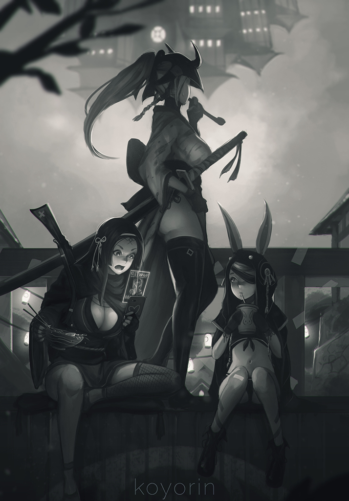 3girls animal_ears breasts chopsticks cleavage cloak eyepatch fingerless_gloves food gloves greyscale holding holding_pipe holographic_monitor hood hooded_cloak japanese_clothes koyoriin large_breasts long_hair looking_at_another looking_away mask mask_on_head monochrome multiple_girls navel noodles open_mouth original pipe ponytail rabbit_ears ramen side_slit single_thighhigh sitting standing thigh-highs