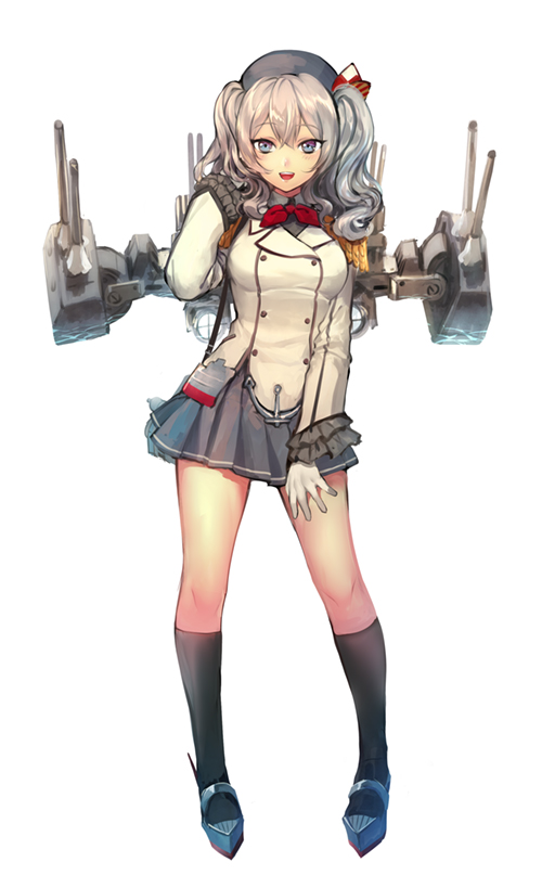 10s 1girl :d beret black_hat black_legwear black_miniskirt blue_eyes blush breasts buttons epaulettes frilled_sleeves frills full_body gloves hat jacket kantai_collection kashima_(kantai_collection) kerchief kneehighs long_sleeves looking_at_viewer medium_breasts military military_jacket military_uniform miniskirt neckerchief open_mouth pleated_skirt red_neckerchief shiba_0 silver_hair skirt smile socks solo standing turret twintails uniform wavy_hair white_gloves white_jacket
