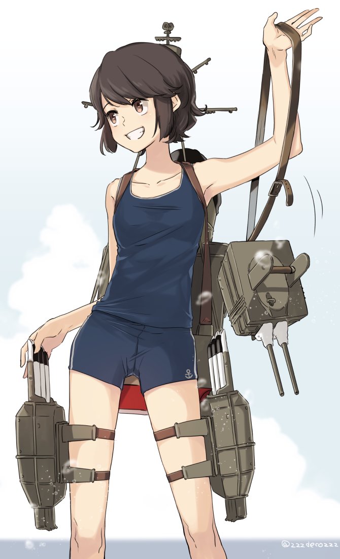 10s 1girl anchor_print arm_up brown_eyes brown_hair collarbone commentary_request cowboy_shot deco_(geigeki_honey) grin kantai_collection legs_apart looking_away looking_to_the_side machinery missile miyuki_(kantai_collection) short_hair shorts smile solo standing tank_top teeth turret twitter_username