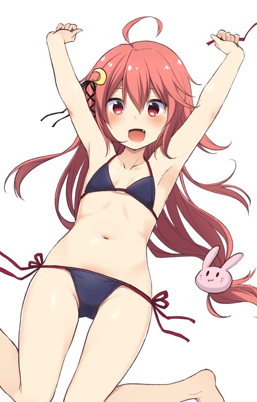 10s 1girl :d \o/ ahoge armpits arms_up bikini bikini_day black_bikini blush bunny_hair_ornament collarbone crescent crescent_hair_ornament fang flat_chest hair_between_eyes hair_ornament kantai_collection long_hair looking_at_viewer low-tied_long_hair nagami_yuu navel open_mouth outstretched_arms red_eyes redhead side-tie_bikini simple_background smile solo swimsuit uzuki_(kantai_collection) white_background