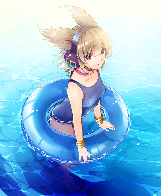 1girl bracelet breasts brown_eyes earmuffs innertube jewelry light_brown_hair makuwauri partially_submerged pointy_hair solo swimsuit touhou toyosatomimi_no_miko water