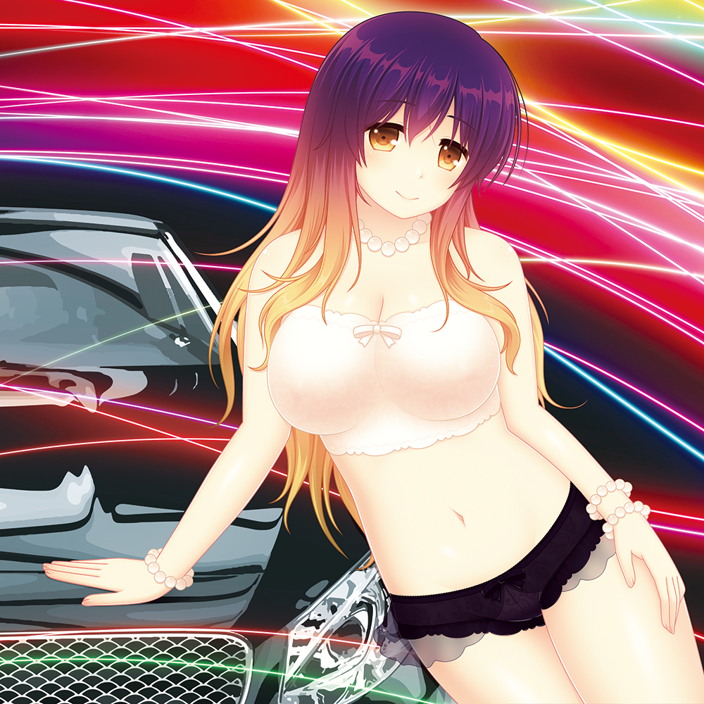 1girl blonde_hair blush bracelet breasts car cleavage cpu_(hexivision) eyebrows_visible_through_hair ground_vehicle hijiri_byakuren jewelry large_breasts looking_at_viewer motor_vehicle multicolored_hair navel necklace purple_hair smile solo touhou two-tone_hair yellow_eyes