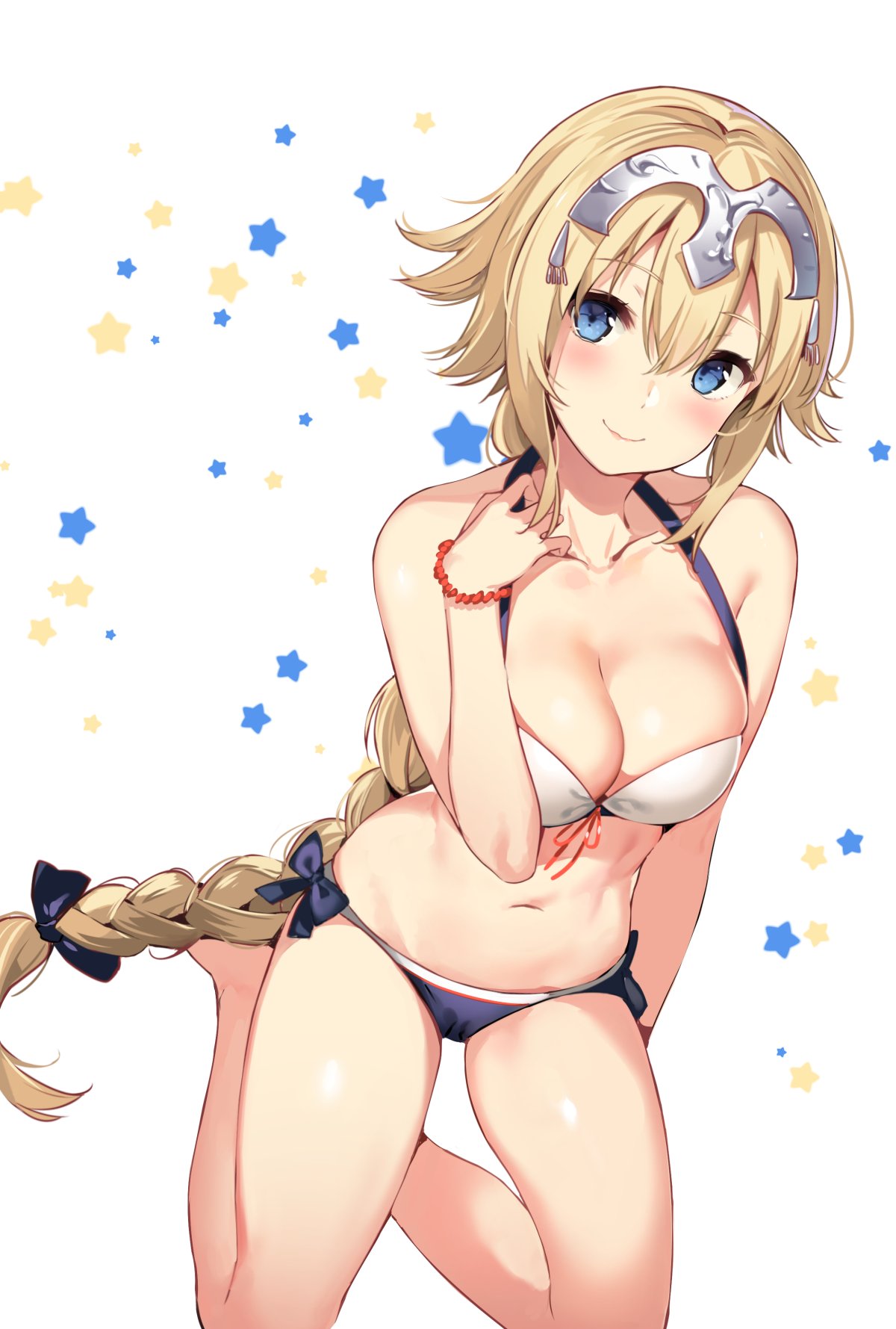 1girl bikini blonde_hair blue_bikini_bottom blue_eyes blush bow bracelet breasts cleavage collarbone commentary_request fate/apocrypha fate_(series) hair_between_eyes hair_bow hand_on_own_shoulder headpiece highres hips jewelry kneeling large_breasts legs long_braid long_hair looking_at_viewer navel ruler_(fate/apocrypha) simple_background solo star starry_background swimsuit thighs very_long_hair waist white_background white_bikini_top yuran_(cozyquilt)