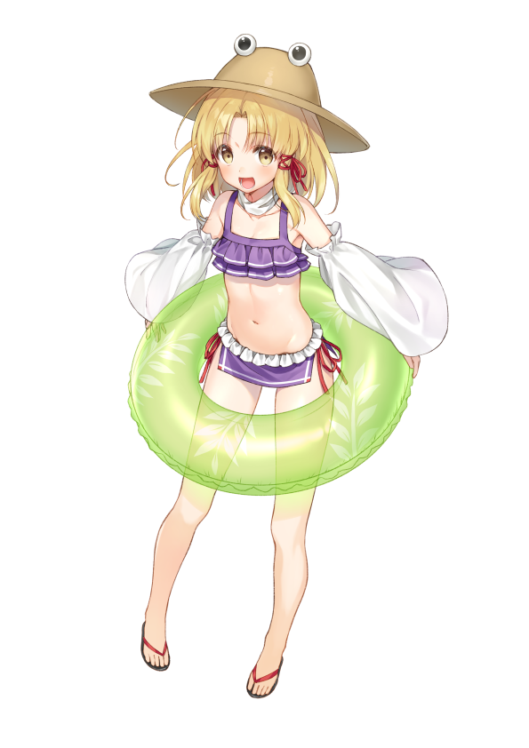 1girl bikini bikini_skirt blonde_hair detached_sleeves full_body hair_ribbon hat innertube long_hair moriya_suwako navel open_mouth purple_bikini red_ribbon ribbon sandals sidelocks simple_background smile solo standing stomach swimsuit tokki touhou transparent white_background wide_sleeves yellow_eyes