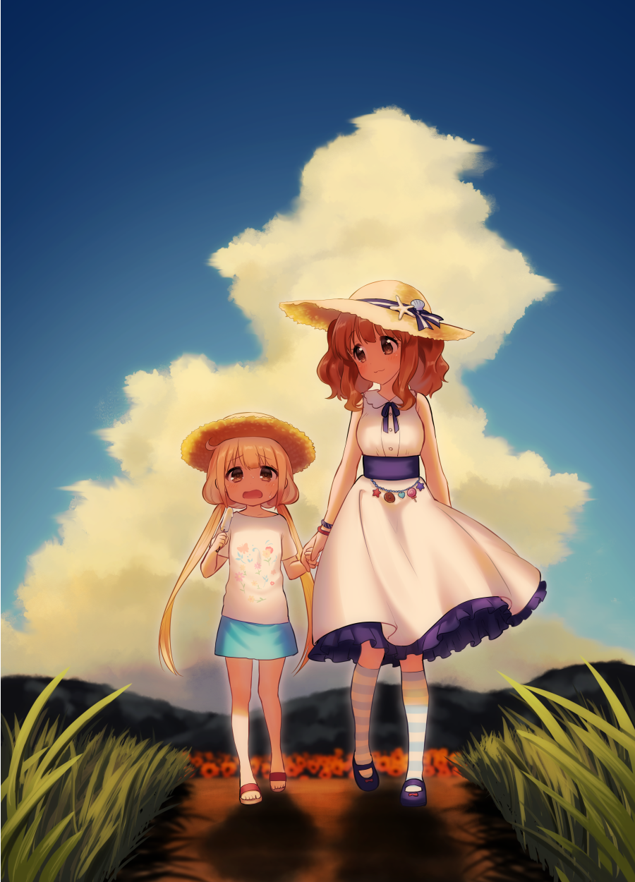 2girls :3 blonde_hair blue21 blue_sky blurry blurry_background bracelet brown_eyes brown_hair clouds commentary_request day dress futaba_anzu grass hand_holding hat height_difference highres idolmaster idolmaster_cinderella_girls jewelry kneehighs long_hair low_twintails moroboshi_kirari multicolored multicolored_clothes multicolored_legwear multiple_girls open_mouth outdoors road sandals sash shirt shoes skirt sky sleeveless sleeveless_dress smile striped striped_legwear sun_hat t-shirt twintails very_long_hair walking wavy_hair white_dress