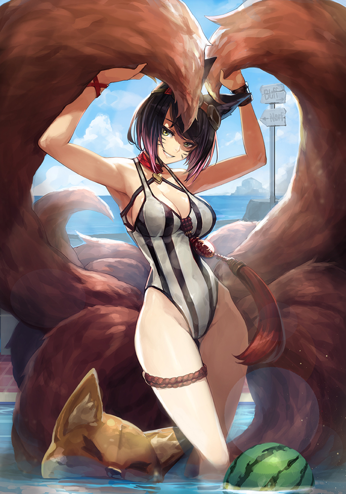 1girl ahri animal_ears bangs black_hair blue_sky breasts choker cleavage clouds cloudy_sky day food fox fox_ears fox_tail fruit goggles goggles_on_head goomrrat gradient_hair grin heart_choker hips kyuubi league_of_legends leotard looking_at_viewer multicolored_hair multiple_tails ocean outdoors parted_lips pink_hair short_hair sidelocks sign sky smile solo striped striped_leotard tail thigh_strap thighs vertical_stripes wading watermelon yellow_eyes