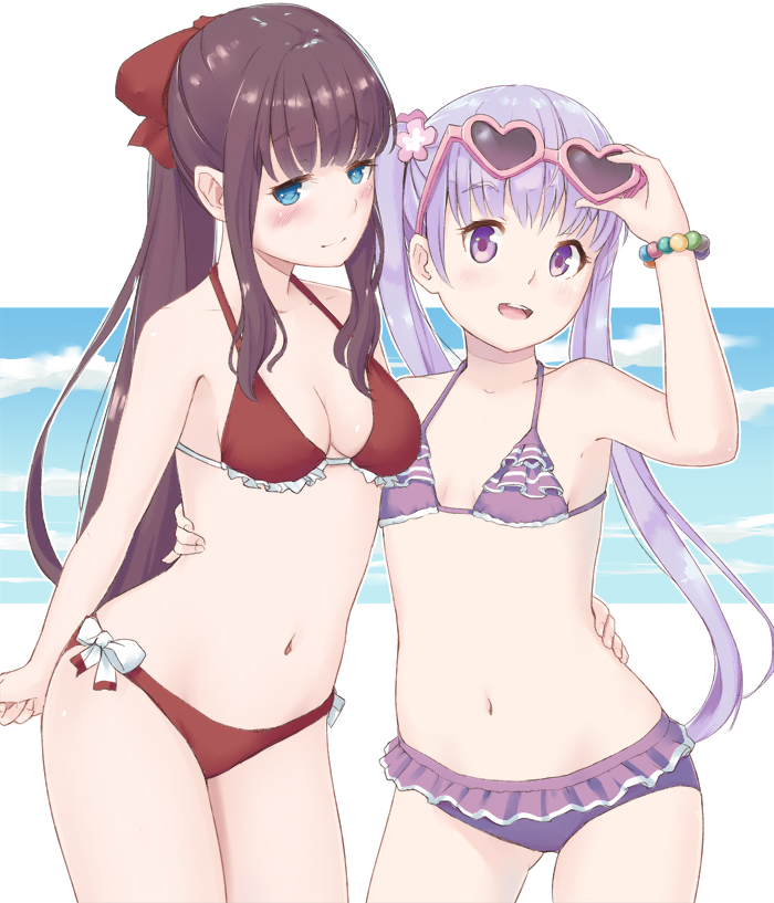 2girls bikini blue_eyes bracelet breasts brown_hair collarbone cowboy_shot flat_chest frilled_bikini frills jewelry long_hair medium_breasts multiple_girls navel new_game! ponytail purple_bikini purple_hair red_bikini sebastian_(artist) sunglasses sunglasses_on_head suzukaze_aoba swimsuit takimoto_hifumi twintails violet_eyes