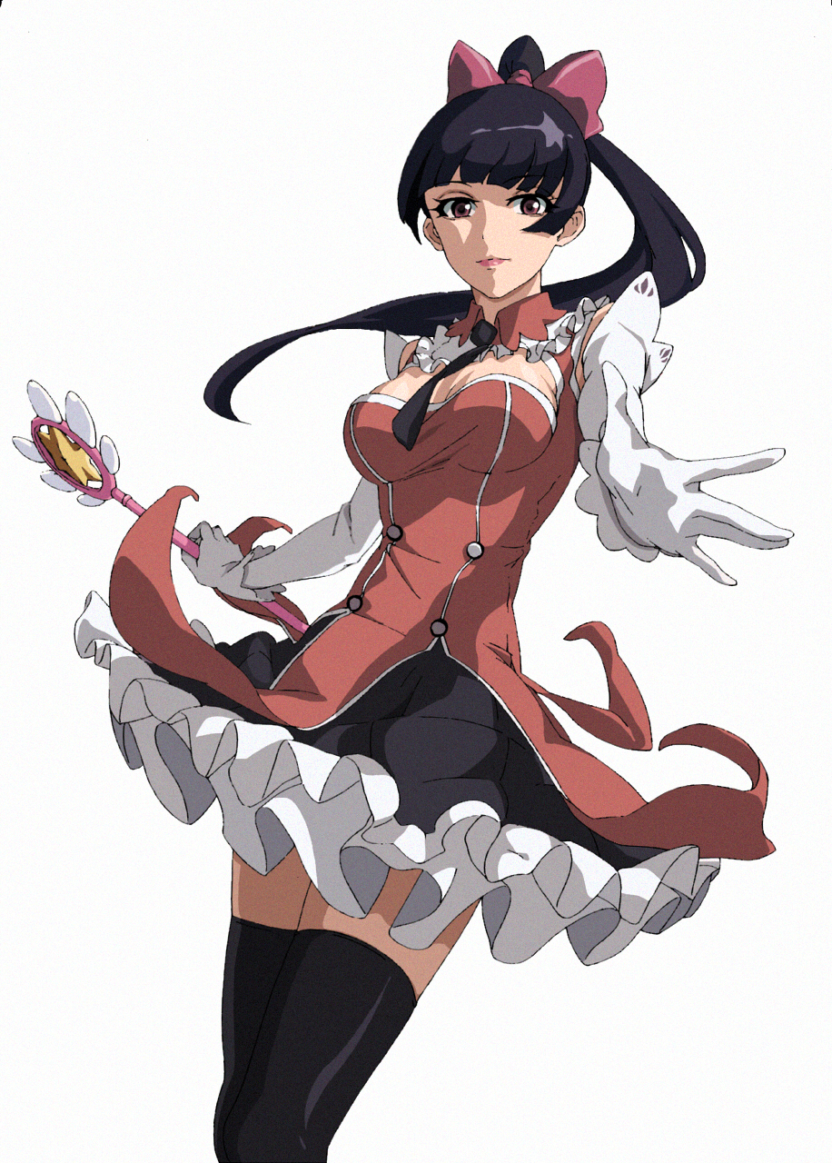 1girl bangs bare_shoulders black_hair black_legwear black_skirt blunt_bangs bow breasts brown_eyes buttons character_request cleavage cleavage_cutout closed_mouth collared_shirt cowboy_shot eyebrows_visible_through_hair frilled_skirt frills gloves hair_bow hair_ornament high_ponytail highres holding holding_staff legs_together long_hair looking_at_viewer magical_girl medium_breasts mile_(lancermoon) miniskirt original pink_lips reaching reaching_out red_shirt shirt simple_background skirt sleeveless sleeveless_shirt smile solo staff standing thigh-highs white_background white_gloves
