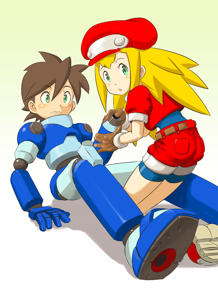 1girl bike_shorts blonde_hair gloves green_eyes hat highres long_hair noq open_mouth red_shorts rockman rockman_dash roll_caskett shorts smile