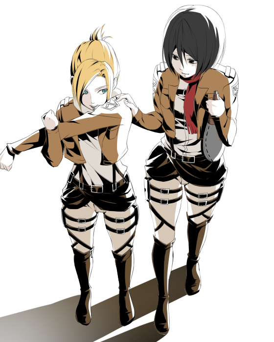 2girls annie_leonhardt belt black_eyes black_hair blonde_hair blue_eyes jacket long_sleeves mikasa_ackerman multiple_girls red_scarf scarf shingeki_no_kyojin short_hair syokuuuuuuuuumura thigh_strap uniform white_background