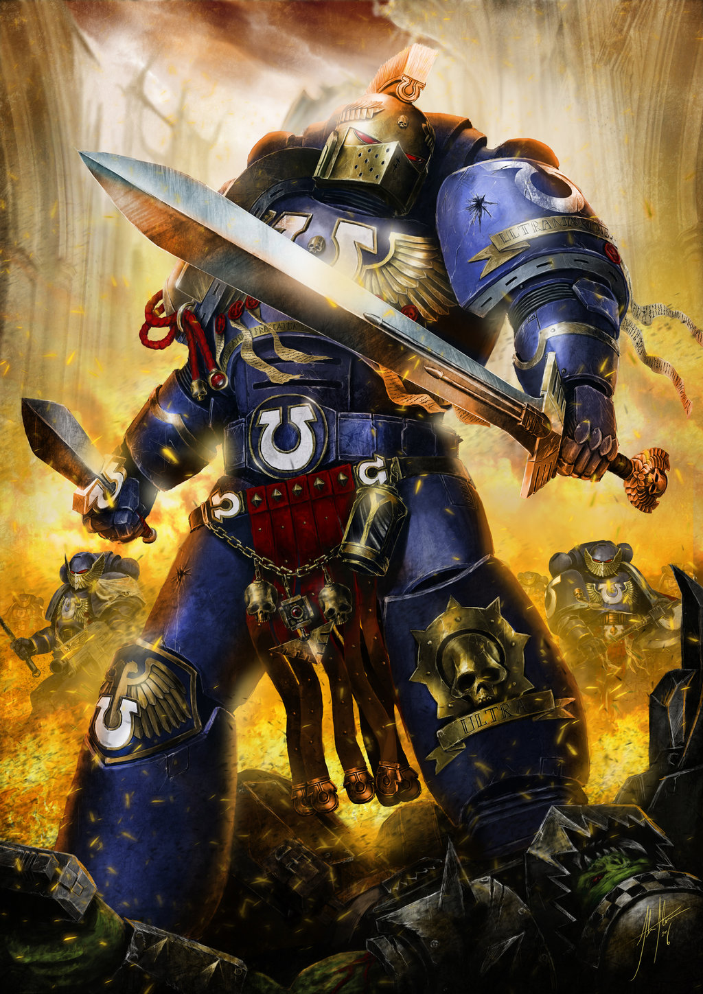 adeptus_astartes armor dual_wielding gladius helmet highres holding holding_sword holding_weapon john_stone_art orc pennant power_armor solo_focus sword warhammer_40k weapon