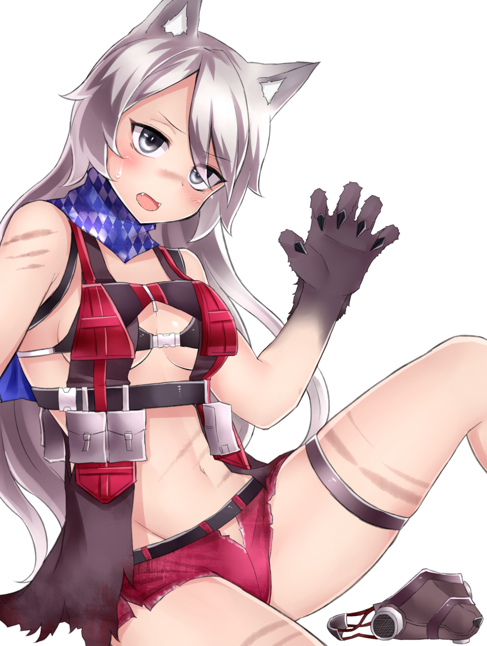 1girl animal_ears blush breasts claws cleavage cleavage_cutout commentary_request fangs fur grey_eyes hand_up highres long_hair looking_at_viewer medium_breasts muzzle navel neit_ni_sei open_mouth original pouch scar short_shorts shorts silver_hair sitting sleeveless smile solo sweatdrop tail thigh_strap vest white_background wolf_ears wolf_girl