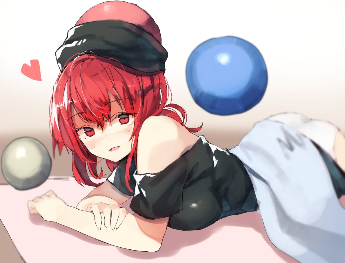 1girl ass bei_mochi black_shirt breast_press breasts commentary_request heart hecatia_lapislazuli large_breasts looking_at_viewer lying off-shoulder_shirt on_stomach panties polos_crown red_eyes redhead shirt smile solo t-shirt touhou underwear white_panties